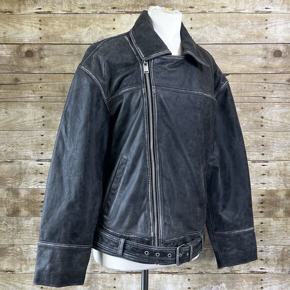 ZARA Size Small Relaxed Mens Leather Gray Jacket Coat Biker Aviator Racer NWT - Picture 2 of 16